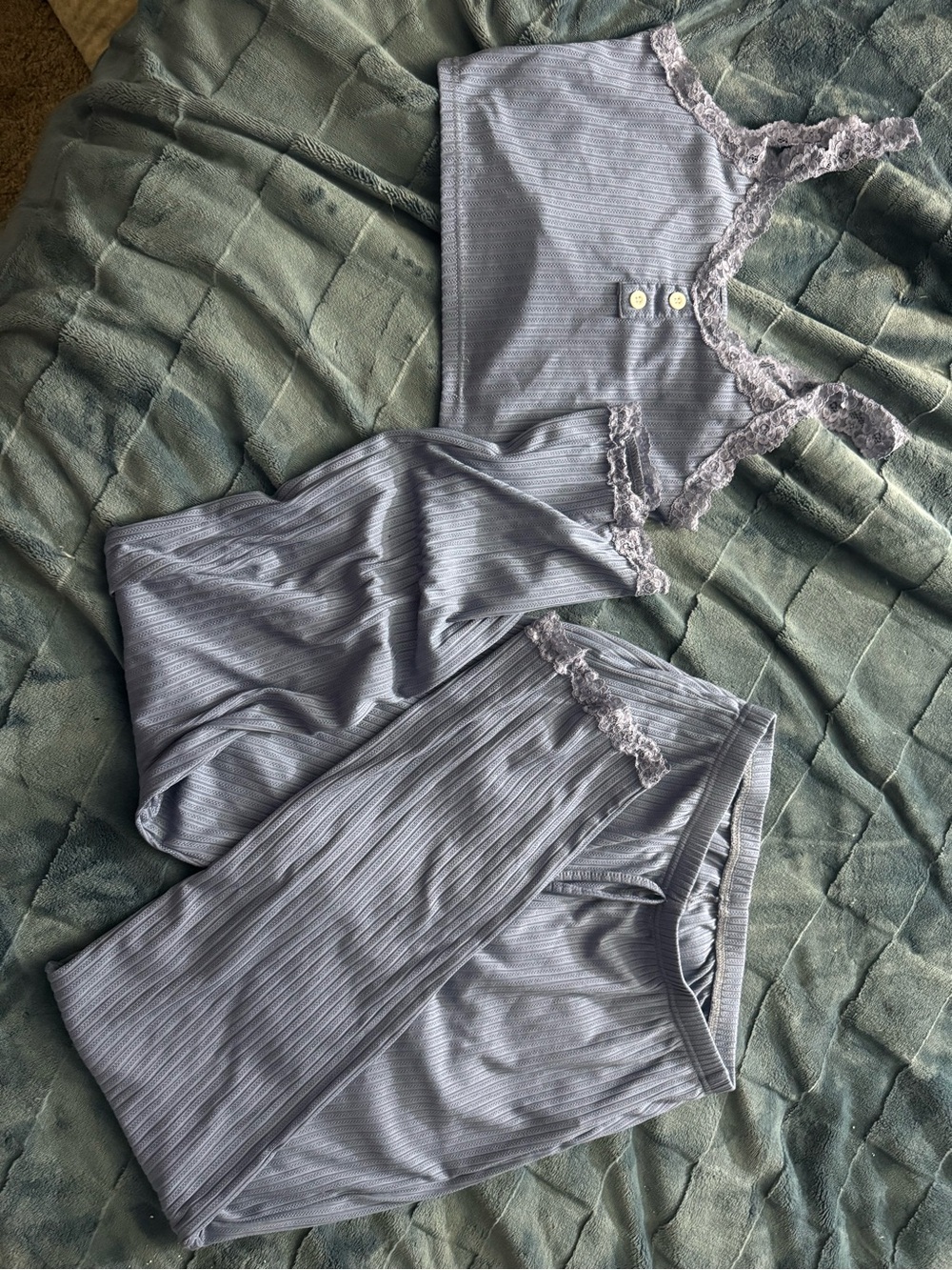 SHEIN grayish blue Ribbed Lace-Trim Pajama Set